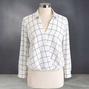White Windowpane Wrap Blouse - Women Tops